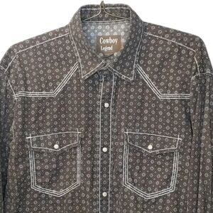 Cowboy Legend Pearl Snap Shirt Men XL Tall Brown Geo Floral Print Western Biker